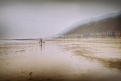 ICM on Cromer Beach with dog walkers and beach huts